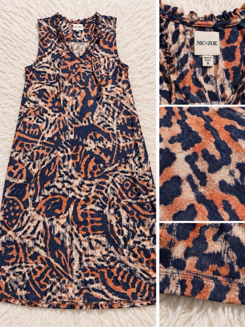 NIC+ZOE Navy, Rust & Cream Animal-Print Sleeveless Dress Women’s Small S